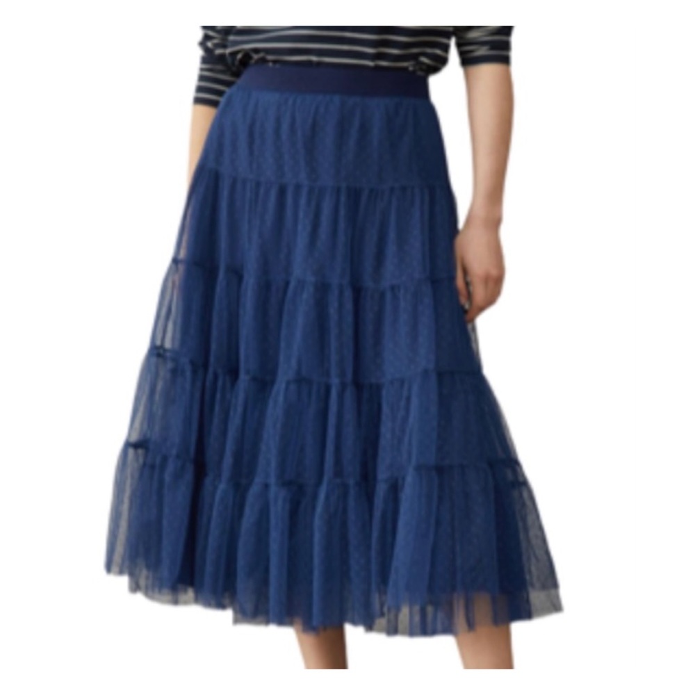 NWOT Anthropologie Serena Tiered Tulle Midi Skirt in Navy  Size Small